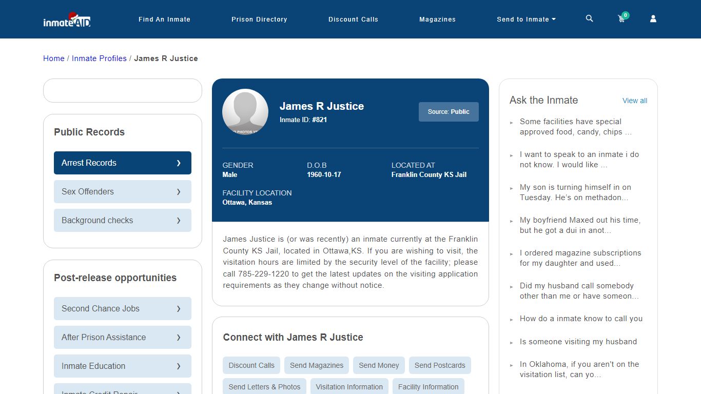 Inmate Search: James R Justice 821, Ottawa, Kansas